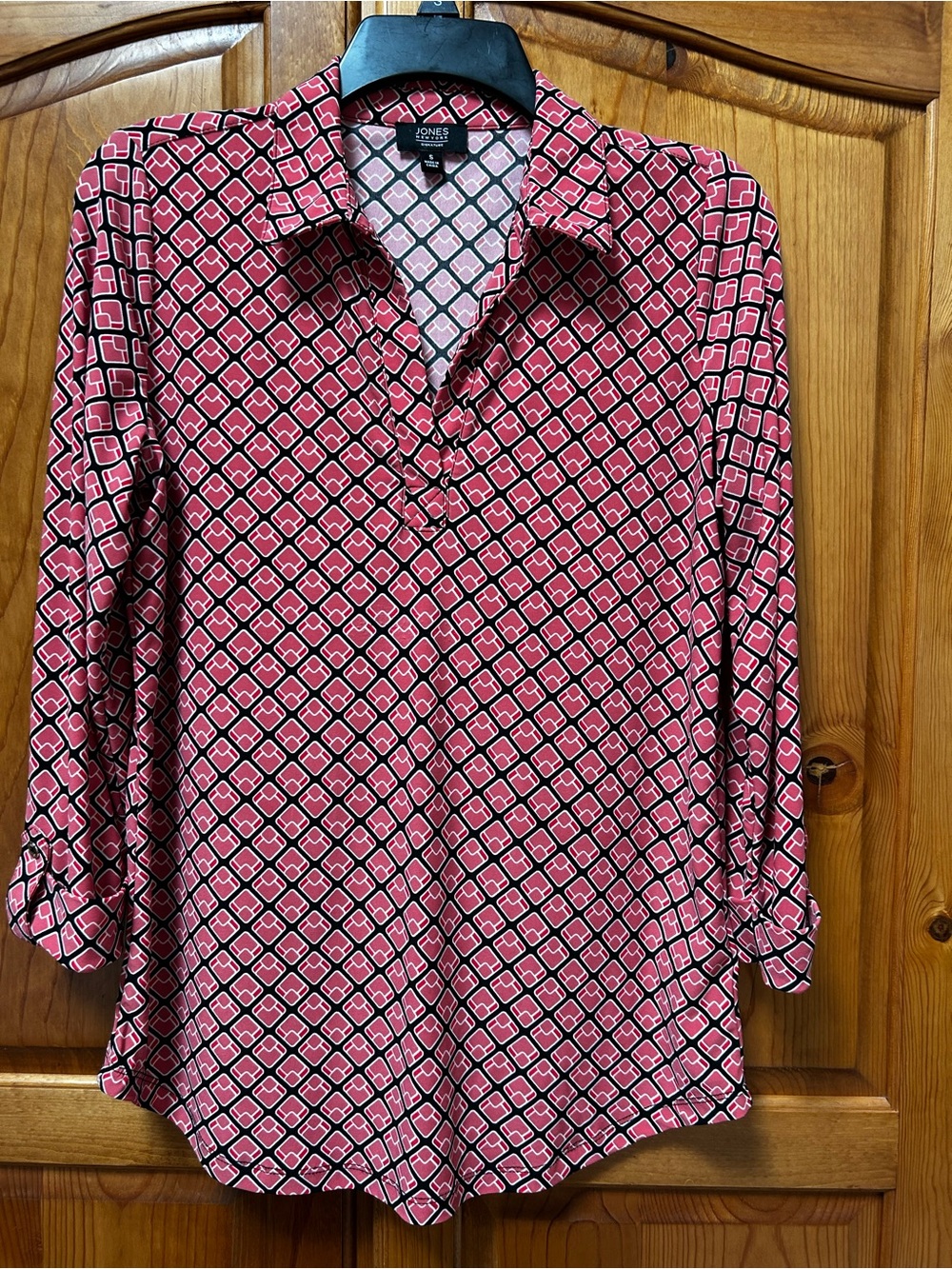 Jones New York Pink Geometric Button-Front Shirt 3/4 Sleeves